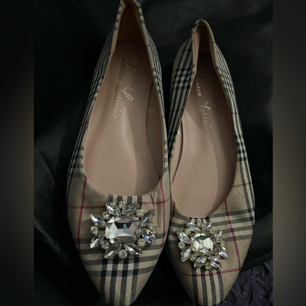 Lauren Lorraine Crystal Embellished Plaid Flats